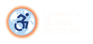 Light blue globe with orange outline and a wheelchair symbol in the center. Text reading accessible climate strategies