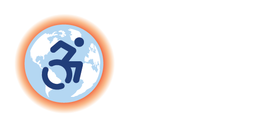 Light blue globe with orange outline and a wheelchair symbol in the center. Text reading accessible climate strategies
