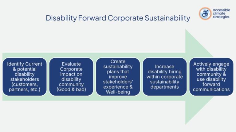 PowerPoint slide titled "disability forward corporate sustainability" with 5 blue boxes and detailed text in each box