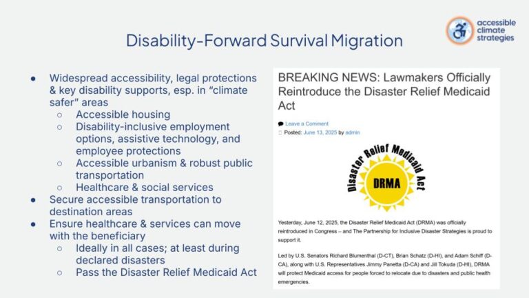 Slide deck screenshot titled "disability-forward survival migration." Left-hand column of text and bullet points. Right half a screenshot of a news article titled "breaking news: lawmakers reintroduce the Disaster Relief Medicaid Act."