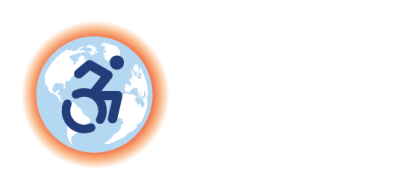 Light blue globe with orange outline and a wheelchair symbol in the center. Text reading accessible climate strategies